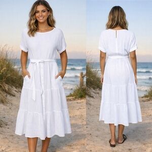 Magaschoni Organic Cotton Double Gauze Midi Dress White Tie Waist Pockets, Large